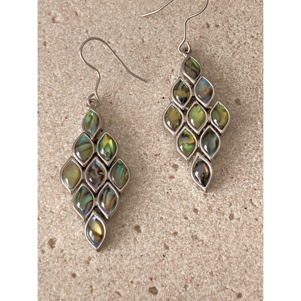 Abalone Shell Chandelier Earrings Silver Tone Leaf Marquise Dangle Mosaic Style